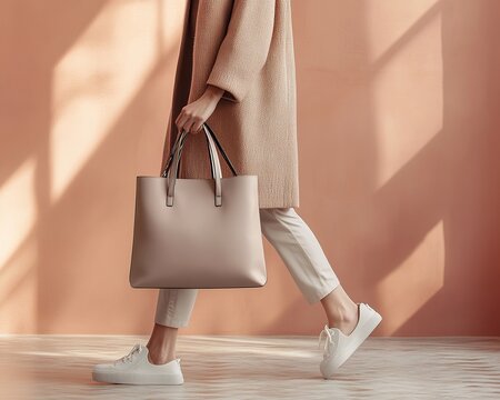 Woman walking with tote bag