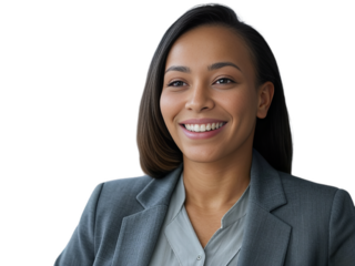 Smiling Professional Businesswoman in Gray Suit – Confident Corporate Portrait on White Background