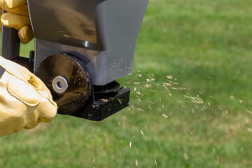 Planting grass seed with handheld spreader. Lawncare, lawn and yard maintenance concept.