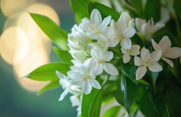 Fototapeta premium Close-up of elegant white flowers with lush green leaves. Delicate petals and vibrant foliage in a serene floral setting