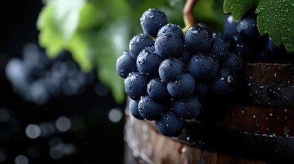 Fresh, plump dark grapes resting in wooden barrel