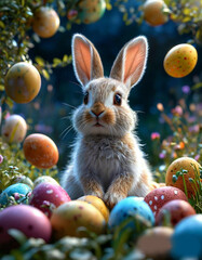 Cute realistic Easter rabbit with eggs at festive night