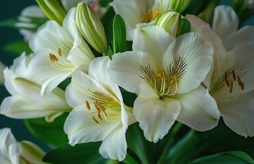 Fototapeta premium Pure white lilies in full bloom with striking yellow stamens and black anthers. Fresh and elegant floral display with blurred green background, perfect for decoration and floral design