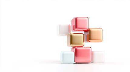 Glossy pastel and gold cubes stacked on white background in minimalist 3D isometric style