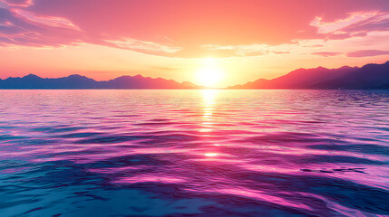 Obraz premium Majestic Sunset over the Ocean: Vibrant Colors and Serene Mountains