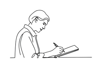 Woman Writing Notes, Single Line Art, Minimalist Drawing, Sketch, Notebook, Pen, Desk, Office, Work,
