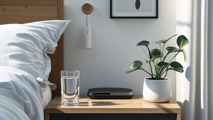 A nightstand with a glass of water in Black characters and objects on a white background