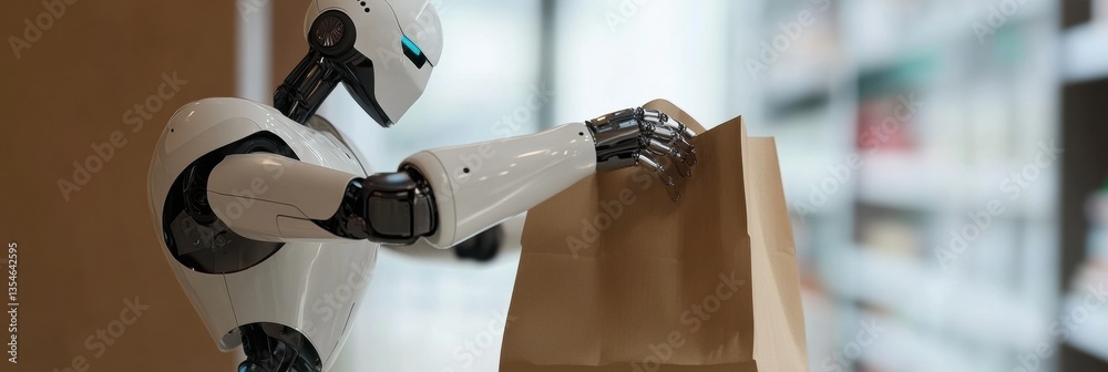 Aufkleber futuristic delivery robot hands over grocery bag in a modern cyberpunk environment with smooth light