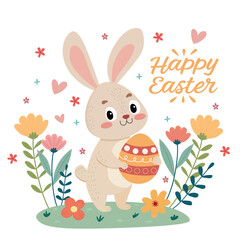 A rabbit holding an Easter egg in a field of flowers