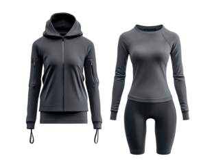 Dark gray athletic set, hoodie and leggings.  Features a zip-up hoodie with pockets and long-sleeve top.  A matching biker-style set