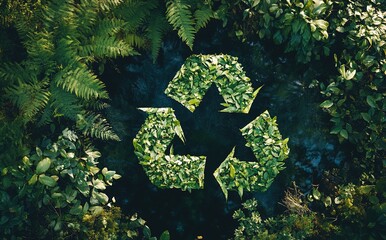 A floating recycling symbol formed by lush green leaves in a dense forest pond, highlighting sustainability, environmental conservation, and eco-conscious living