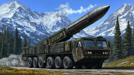 hypersonic missile launcher on a mobile launch platform, moving through a rugged mountainous terrain, with its radar systems and control panels clearly visible. Copy space. hypersonic, missile, 