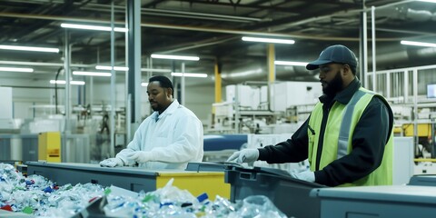 Fototapeta premium Workers sort recyclables in a bustling waste management facility
