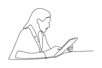 Woman using tablet, single line art, digital device, technology, minimalist, modern, illustration, 