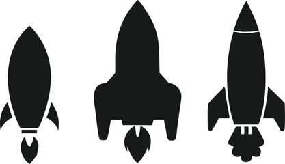 Set of Simple Black Rocket Icons in Various Stages of Launch