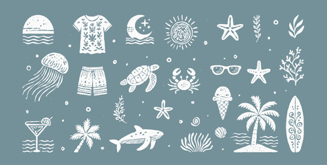 Beach boho vintage icon set. Hand drawn palm tree, sun and sea, seashells, coral, crab, turtle, cocktail, ice cream, whale in naive groovy style. Tropical surf club concept, vacation and travel. 