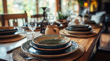 A beautifully set table featuring a collection of handmade ceramic dinnerware, with natural light softly illuminating each unique piece.