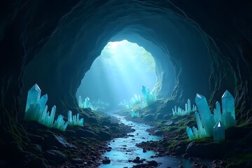 A deep cave opening to reveal an underground crystal forest illuminated by soft light.  