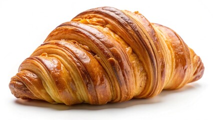 Freshly baked croissant with golden, flaky layers on display against a white background, white backdrop, png image, bakery graphic resource
