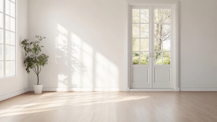 bright, empty room with large windows, potted plant, and wooden flooring, creating serene atmosphere filled with natural light