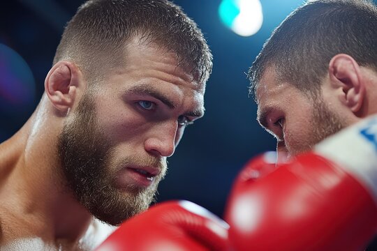 Intense Boxing Face Off Male Boxers In Close Confrontation, Sweat Laced Match, Red Gloves Beard Focus, Displaying Extreme Concentration During High Stakes Battle