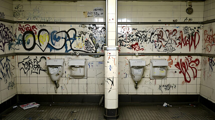 Graffiti-covered public restroom