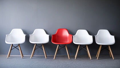 A distinctive red chair stands out amongst a row of white chairs, creating a visual contrast and symbolising uniqueness