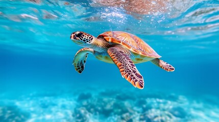 Obraz premium Green Sea Turtle Swimming in Clear Blue Tropical Water – Underwater Marine Life