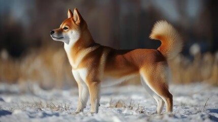 Red Shiba Inu in snowy park.  Possible use stock photo