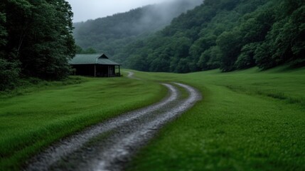Misty mountain valley, rustic cabin, winding road. Lush green meadow