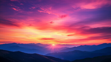 A vibrant sky during sunset, with a mix of deep orange, pink, and purple hues, casting a warm glow over a mountain range with soft clouds in the distance