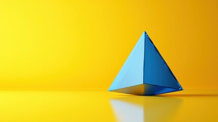 Fototapeta premium Bright Blue Pyramid on Vibrant Yellow Background with Reflection for Abstract Art and Design Concepts