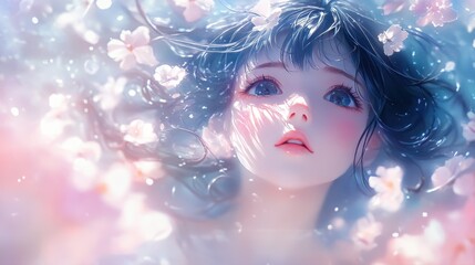 Ethereal Portrait of a Girl Surrounded by Cherry Blossom Petals in a Dreamy, Soft-Focused Environment