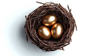 Golden eggs nestled in dark brown twig nest against white background, symbolizing wealth, investment and financial security. Isolated composition for business concepts.