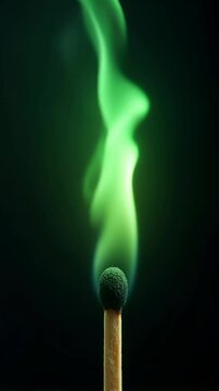 A striking image of a matchstick ignited, emitting vibrant green smoke against a dark background, capturing the essence of fire and movement.