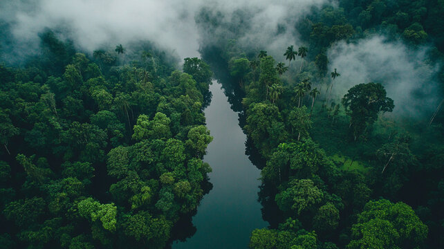 International Day of Forests, Lush green forest with winding river surrounded by misty trees