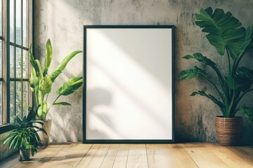 White Blank Poster in Concrete Wall and Tropical Wooden Floor Room,Template Mock Up for Your Content
