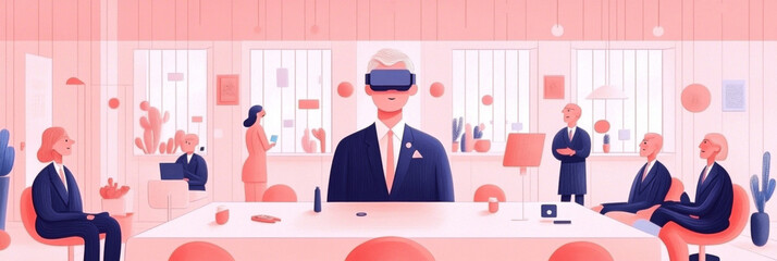 Virtual reality meeting in modern office with diverse professionals engaged. scene features man wearing VR goggles, surrounded by colleagues in stylish workspace
