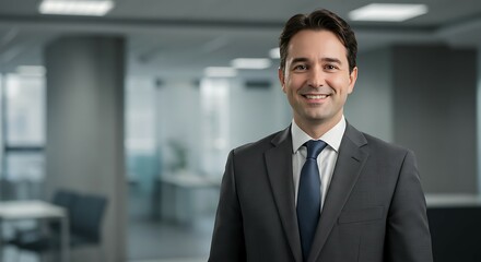 Obraz premium Confident man or woman in a navy blue suit standing with arms crossed in a modern office, smiling professionally with a poised demeanor.