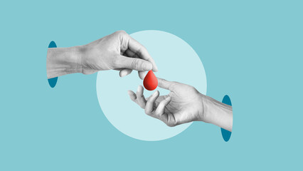 Blood transfusion and Blood donor concept. The hand puts drop to other hand as donation