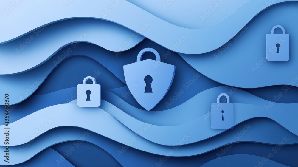 Poster exploring layered paper art design featuring locks, encrypted codes, and shield shapes in modern blu