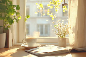 cozy morning scene featuring cup of coffee, book, and potted plants by sunlit window. warm light creates peaceful atmosphere, perfect for relaxation