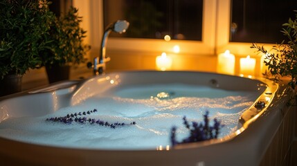 Relaxing Bubble Bath with Lavender and Candles at Night