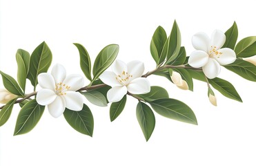 Fototapeta premium Hand-painted vector art illustration of white flowers and green leaves on a long branch. Spring season 