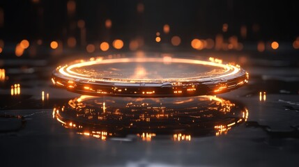 Futuristic glowing circle with bright lights and reflective surface in a dark backdrop for digital presentations