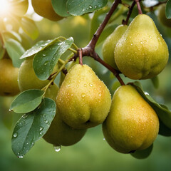 Ripe juicy pears with water drops on tree branch on orchard background. Fresh fruit for summer drink or dessert, healthy diet, fresh market or organic farm advertising banner or poster.	
