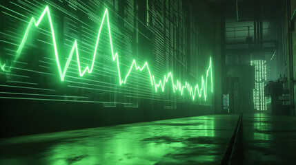 A green, glowing neon line graph adorns the wall of an industrial building, with digital data and stock market trends in the background.