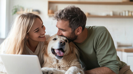 Happy couple with dog at home, enjoying quality time together. warm atmosphere reflects love and companionship, creating joyful moment
