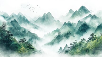 Majestic Mountain Landscape with Soft Mist and Lush Greenery Surrounded by Serenity and Nature's Beauty