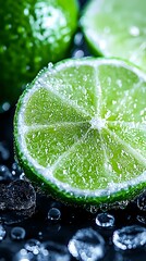 Fresh lime slice with water drops and ice cubes on dark background, extreme close up macro shot showing citrus texture and juicy details. Perfect for beverage ads.